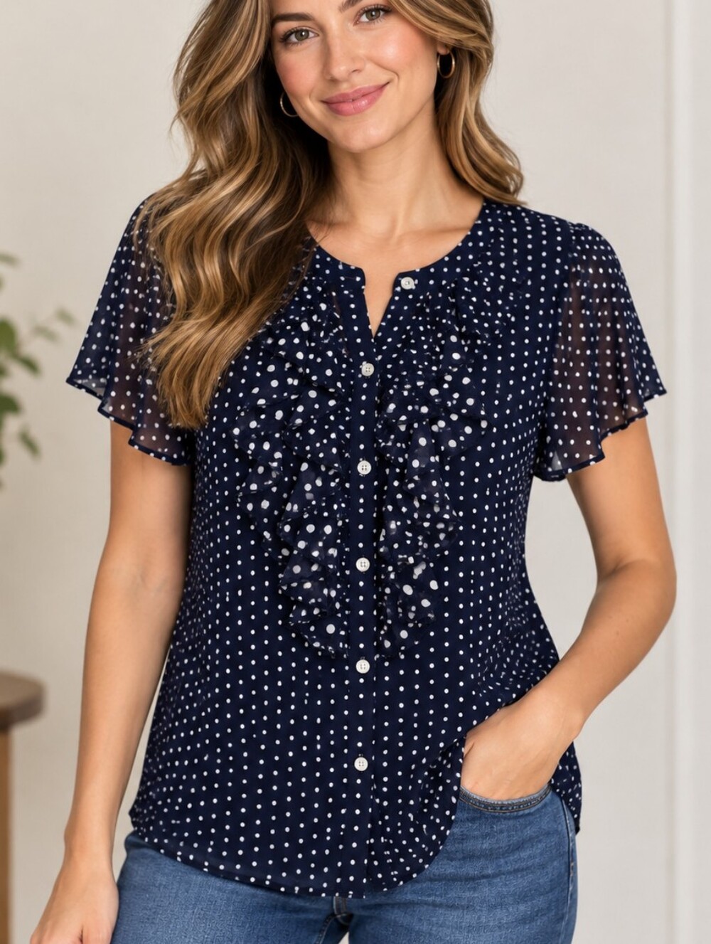 AMERICAN LIVING Navy Blue Polka Dot Jabot Chiffon Castlecore Shirt